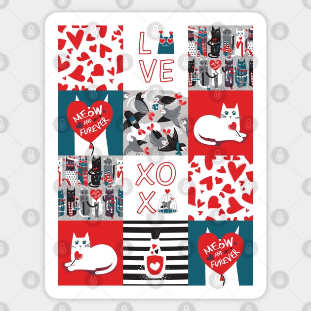 I love you meow and fur-ever PATCHWORK // grey green white purple beet and black cats red Valentine's Day motifs Sticker by SelmaCardoso